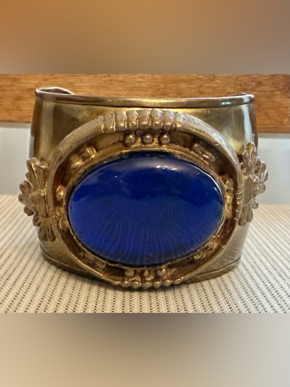 Bohemian Brass Cuff Vintage Bracelet with Blue Accent